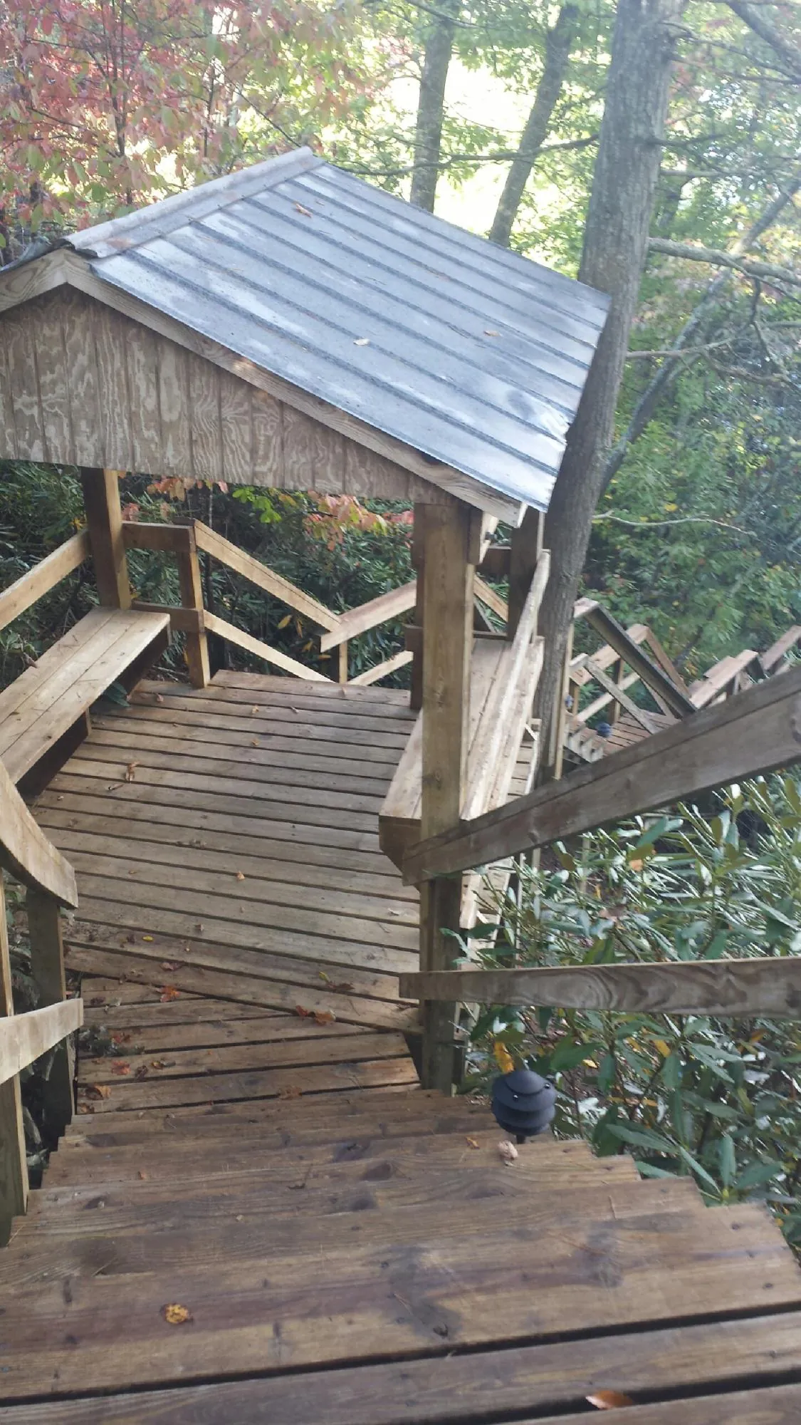 Metal roofed shelter over wooden steps on a wooded walkway — Skylight Repair & Installation work by our crew in Economy